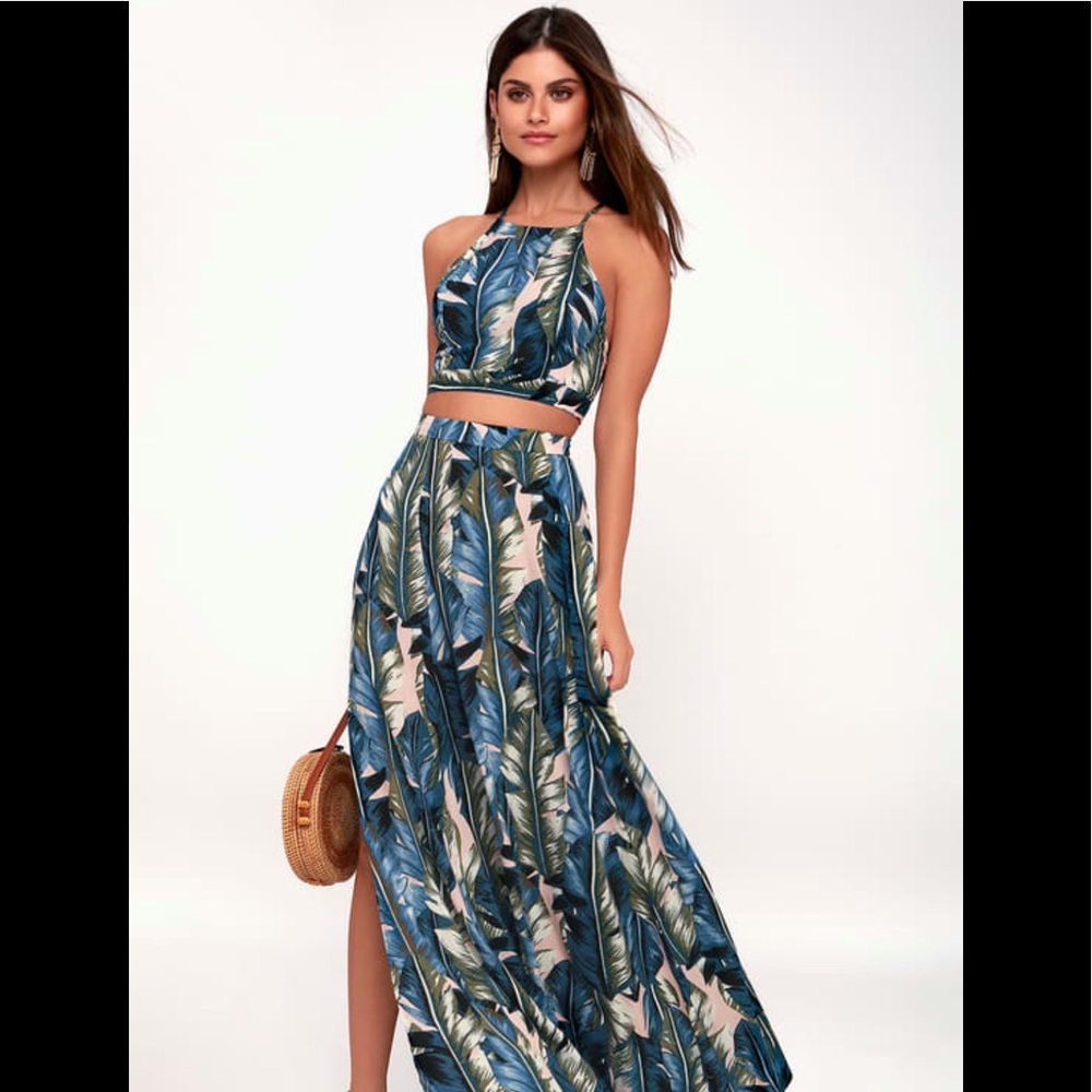 Lulus Back to Your Roots Teal Blue Leaf Print Two-Piece Maxi Dress